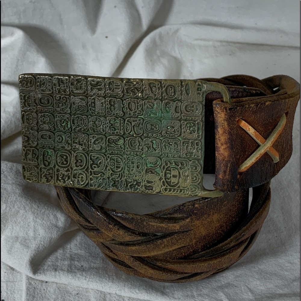 Vintage brass ethnic buckle with brown braided leather belt size large